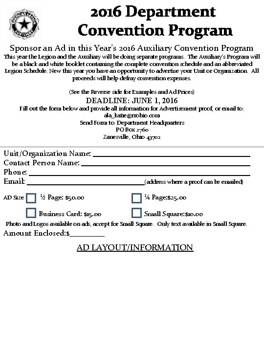 2016 Department Convention Program Sponsor an Ad in this Year’s 2016 Auxiliary Convention Program