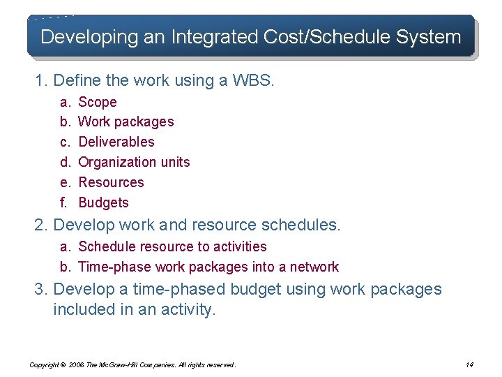 Developing an Integrated Cost/Schedule System 1. Define the work using a WBS. a. b. Developing an Integrated Cost/Schedule System 1. Define the work using a WBS. a. b.