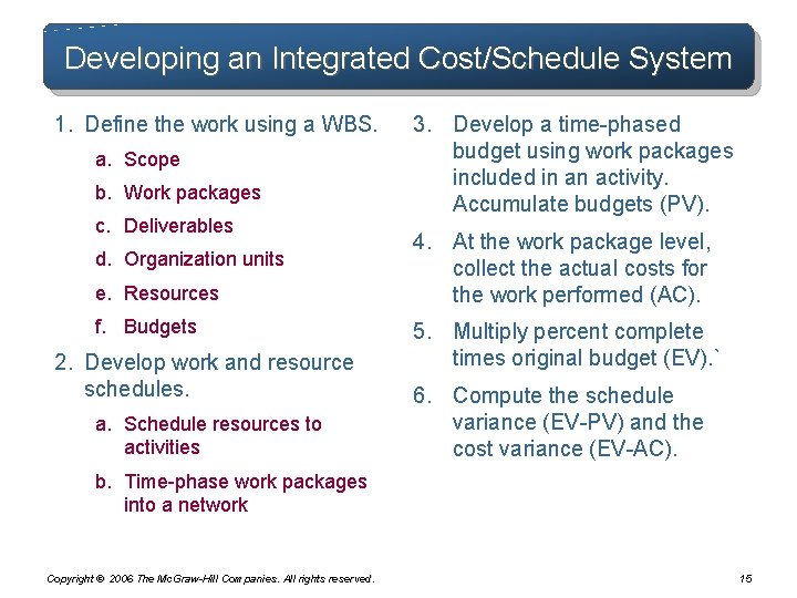 Developing an Integrated Cost/Schedule System 1. Define the work using a WBS. a. Scope Developing an Integrated Cost/Schedule System 1. Define the work using a WBS. a. Scope