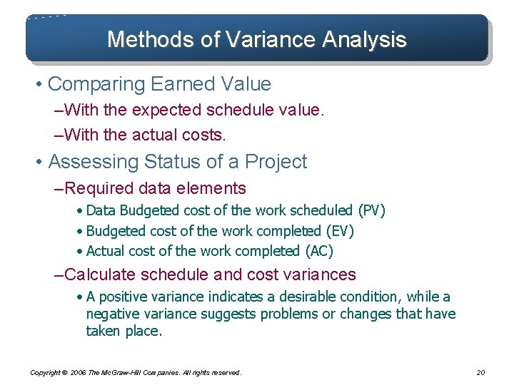 Methods of Variance Analysis • Comparing Earned Value – With the expected schedule value. Methods of Variance Analysis • Comparing Earned Value – With the expected schedule value.