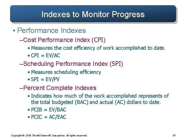 Indexes to Monitor Progress • Performance Indexes – Cost Performance Index (CPI) • Measures Indexes to Monitor Progress • Performance Indexes – Cost Performance Index (CPI) • Measures