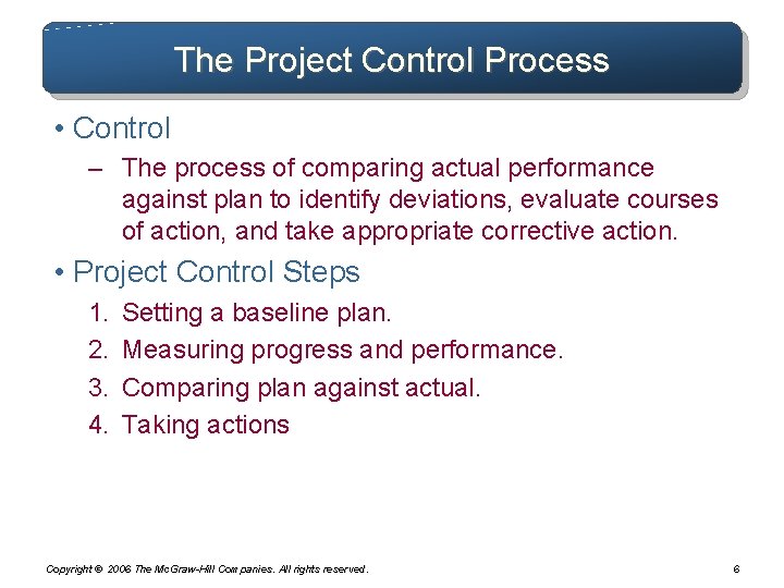 The Project Control Process • Control – The process of comparing actual performance against The Project Control Process • Control – The process of comparing actual performance against