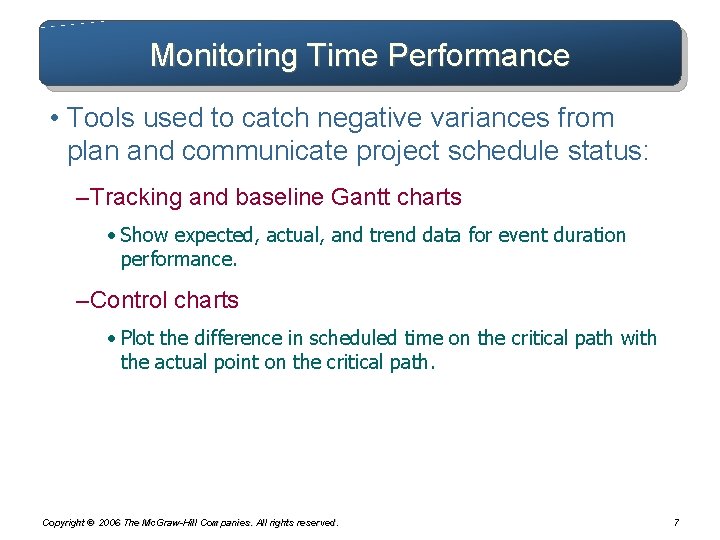 Monitoring Time Performance • Tools used to catch negative variances from plan and communicate Monitoring Time Performance • Tools used to catch negative variances from plan and communicate