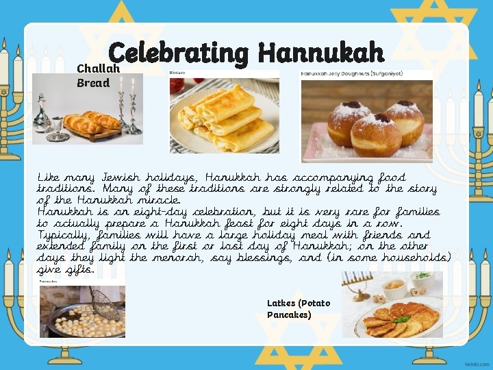 Celebrating Hannukah Challah Bread Like many Jewish holidays, Hanukkah has accompanying food traditions. Many