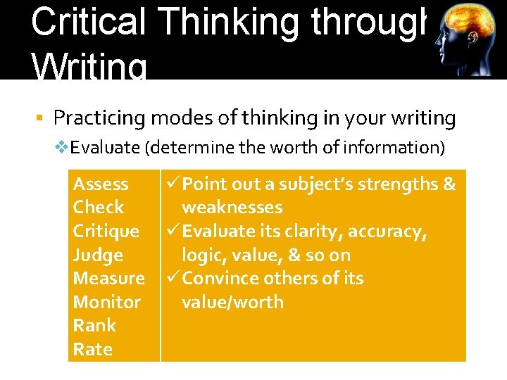 Critical Thinking through Writing Practicing modes of thinking in your writing v. Evaluate (determine