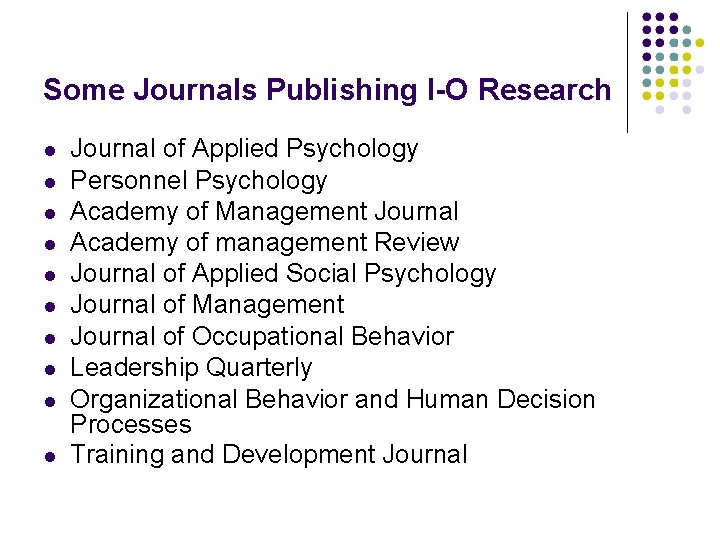 Some Journals Publishing I-O Research Journal of Applied Psychology Personnel Psychology Academy of Management