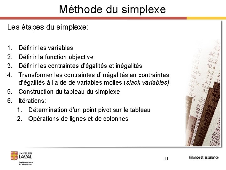 Méthode du simplexe Les étapes du simplexe: 1. 2. 3. 4. Définir les variables Méthode du simplexe Les étapes du simplexe: 1. 2. 3. 4. Définir les variables