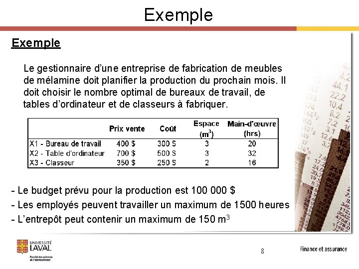 Exemple Le gestionnaire d’une entreprise de fabrication de meubles de mélamine doit planifier la Exemple Le gestionnaire d’une entreprise de fabrication de meubles de mélamine doit planifier la