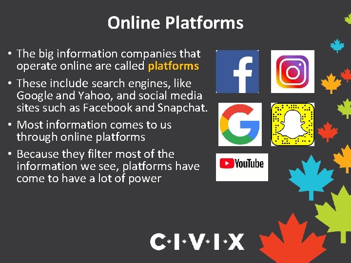 Online Platforms • The big information companies that operate online are called platforms •
