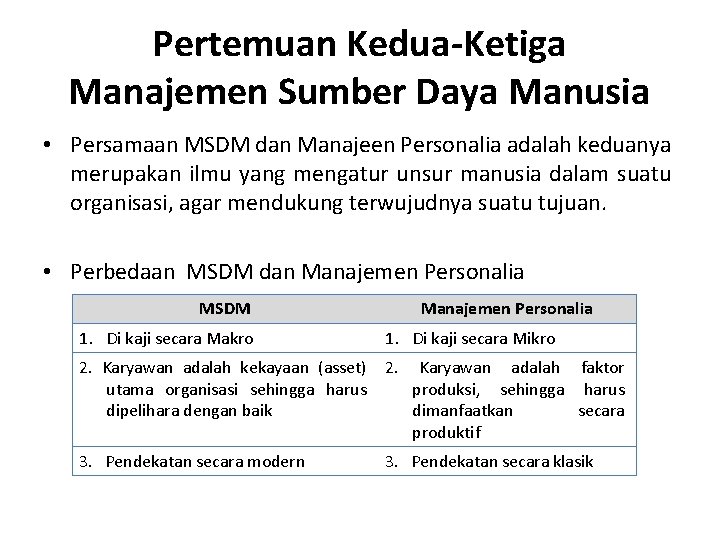 Pertemuan Kedua-Ketiga Manajemen Sumber Daya Manusia • Persamaan MSDM dan Manajeen Personalia adalah keduanya