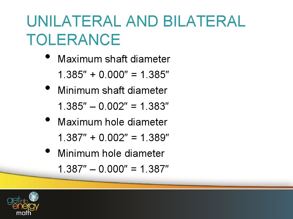 UNILATERAL AND BILATERAL TOLERANCE • • Maximum shaft diameter 1. 385″ + 0. 000″