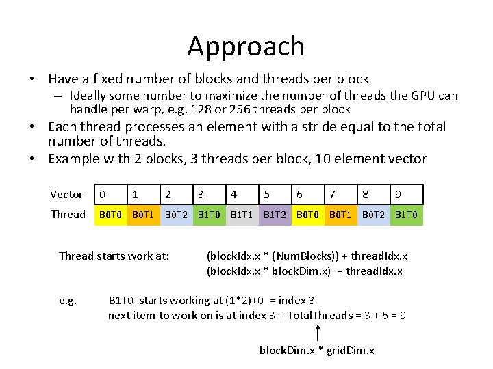 Approach • Have a fixed number of blocks and threads per block – Ideally