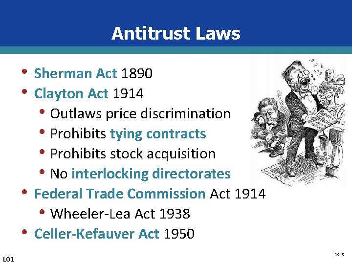 Antitrust Laws • • LO 1 Sherman Act 1890 Clayton Act 1914 • Outlaws