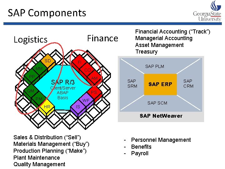 SAP Components Finance Logistics SD FI MM AM SAP R/3 PM SAP PLM CO