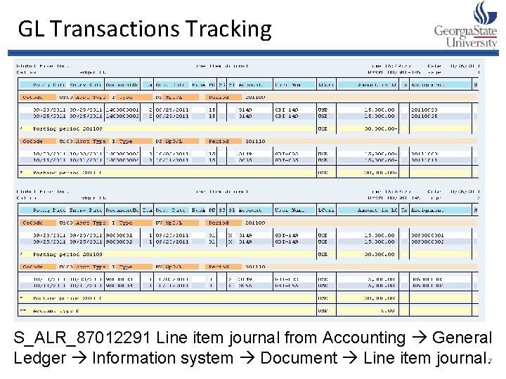 GL Transactions Tracking S_ALR_87012291 Line item journal from Accounting General Ledger Information system Document