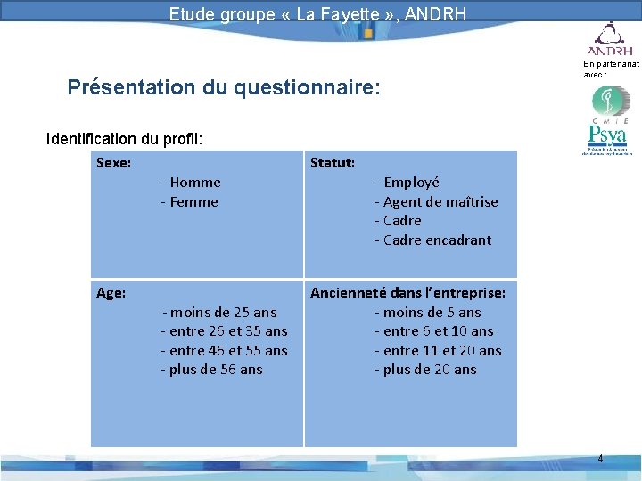 Prévention et gestion des risques psychosociaux Etude groupe « La Fayette » , ANDRH