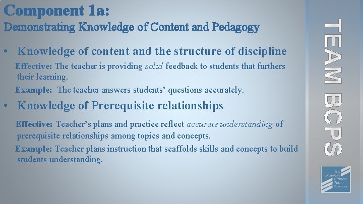 Component 1 a: Demonstrating Knowledge of Content and Pedagogy • Knowledge of content and