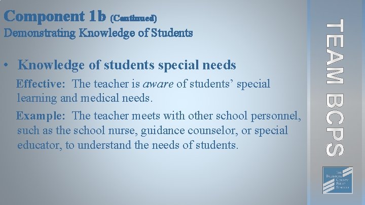 Component 1 b (Continued) Demonstrating Knowledge of Students • Knowledge of students special needs