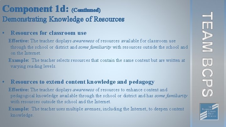 Component 1 d: (Continued) Demonstrating Knowledge of Resources • Resources for classroom use Effective: