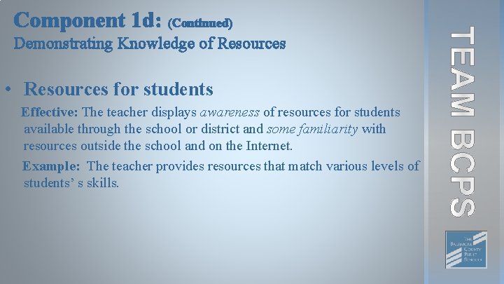 Component 1 d: (Continued) Demonstrating Knowledge of Resources • Resources for students Effective: The