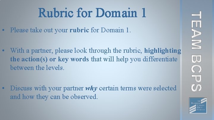 Rubric for Domain 1 • Please take out your rubric for Domain 1. •