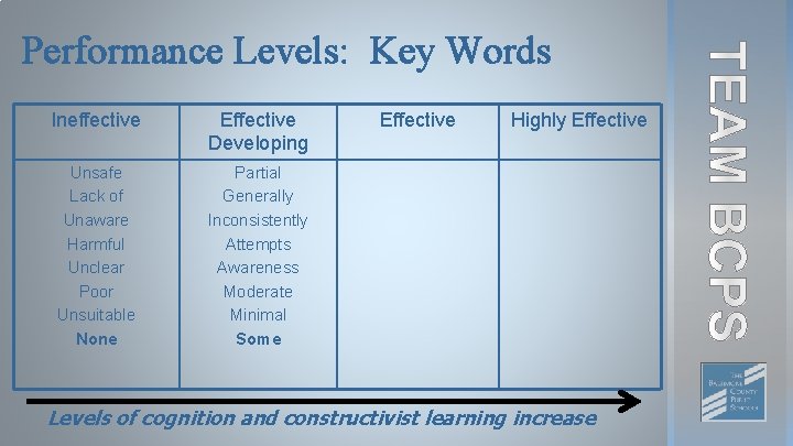 Performance Levels: Key Words Ineffective Effective Developing Unsafe Lack of Unaware Harmful Unclear Poor