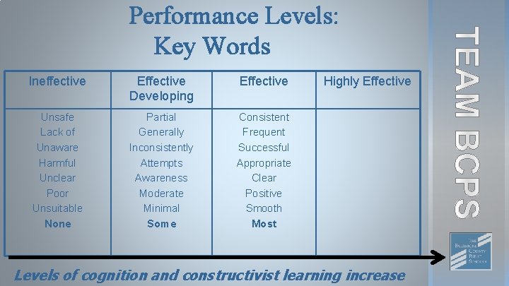 Performance Levels: Key Words Ineffective Effective Developing Effective Unsafe Lack of Unaware Harmful Unclear