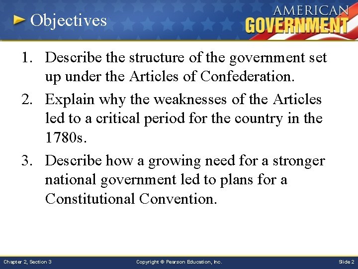 Objectives 1. Describe the structure of the government set up under the Articles of