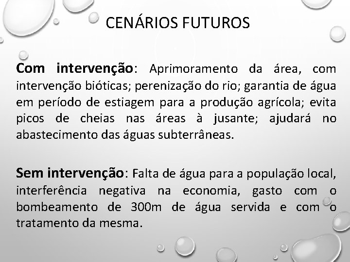 CENÁRIOS FUTUROS Com intervenção: Aprimoramento da área, com intervenção bióticas; perenização do rio; garantia