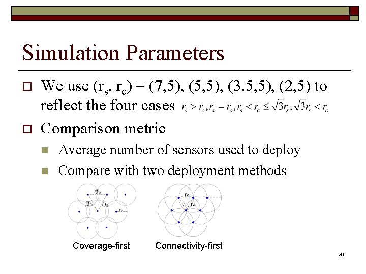 Simulation Parameters o o We use (rs, rc) = (7, 5), (5, 5), (3.