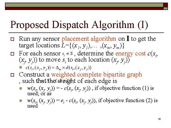 Proposed Dispatch Algorithm (I) o o Run any sensor placement algorithm on I to