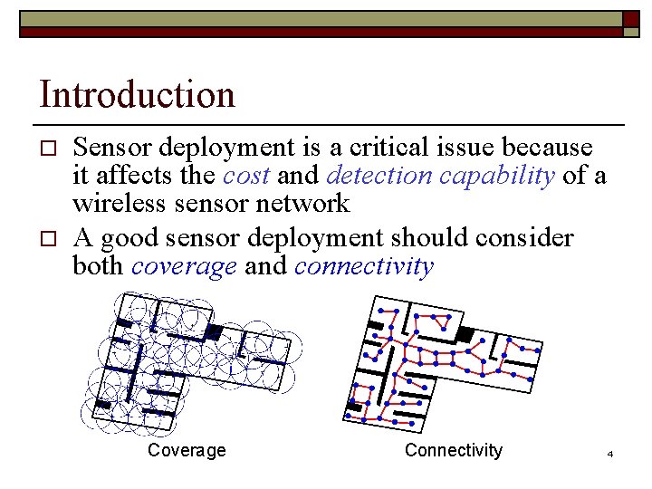Introduction o o Sensor deployment is a critical issue because it affects the cost