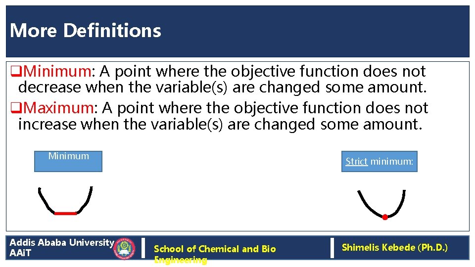 More Definitions q. Minimum: A point where the objective function does not decrease when