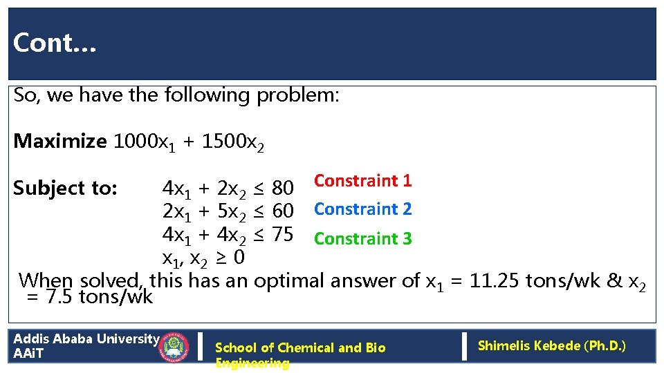 Cont… So, we have the following problem: Maximize 1000 x 1 + 1500 x