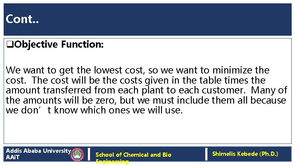 Cont. . q. Objective Function: We want to get the lowest cost, so we