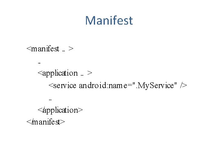 Manifest <manifest. . . >. . . <application. . . > <service android: name=".