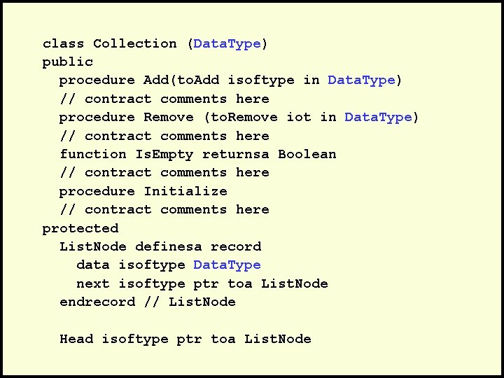 class Collection (Data. Type) public procedure Add(to. Add isoftype in Data. Type) // contract