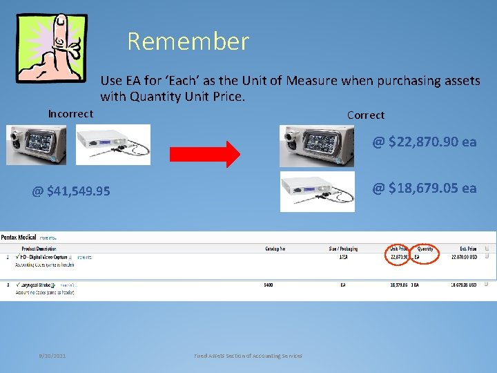 Remember Use EA for ‘Each’ as the Unit of Measure when purchasing assets with
