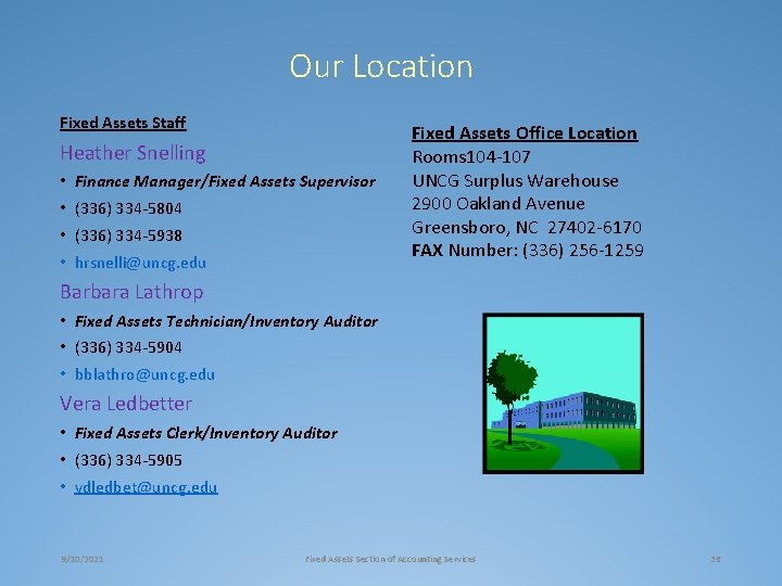 Our Location Fixed Assets Staff Heather Snelling • Finance Manager/Fixed Assets Supervisor • (336)