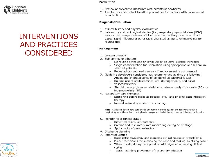 INTERVENTIONS AND PRACTICES CONSIDERED 