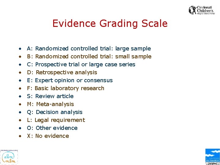 Evidence Grading Scale • • • A: Randomized controlled trial: large sample B: Randomized
