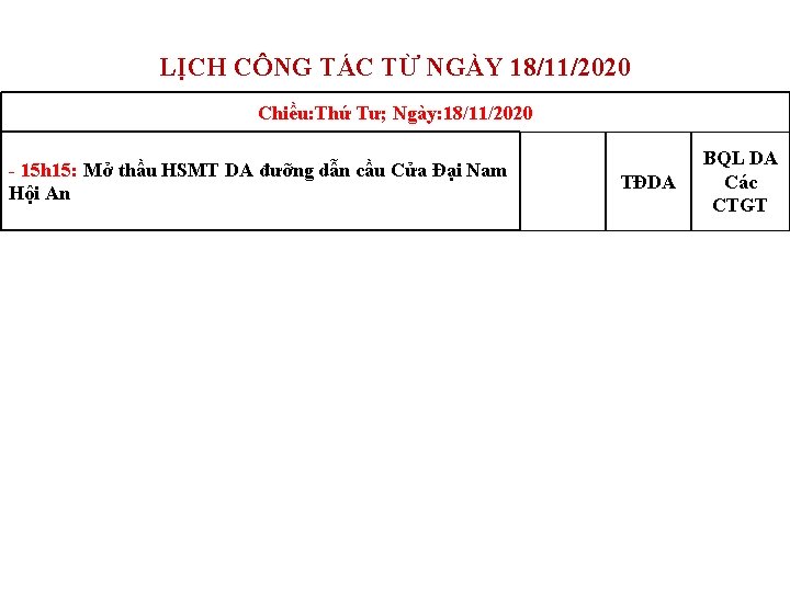 LỊCH CÔNG TÁC TỪ NGÀY 18/11/2020 Chiều: Thứ Tư; Ngày: 18/11/2020 - 15 h