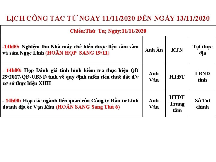 LỊCH CÔNG TÁC TỪ NGÀY 11/11/2020 ĐẾN NGÀY 13/11/2020 Chiều: Thứ Tư; Ngày: 11/11/2020