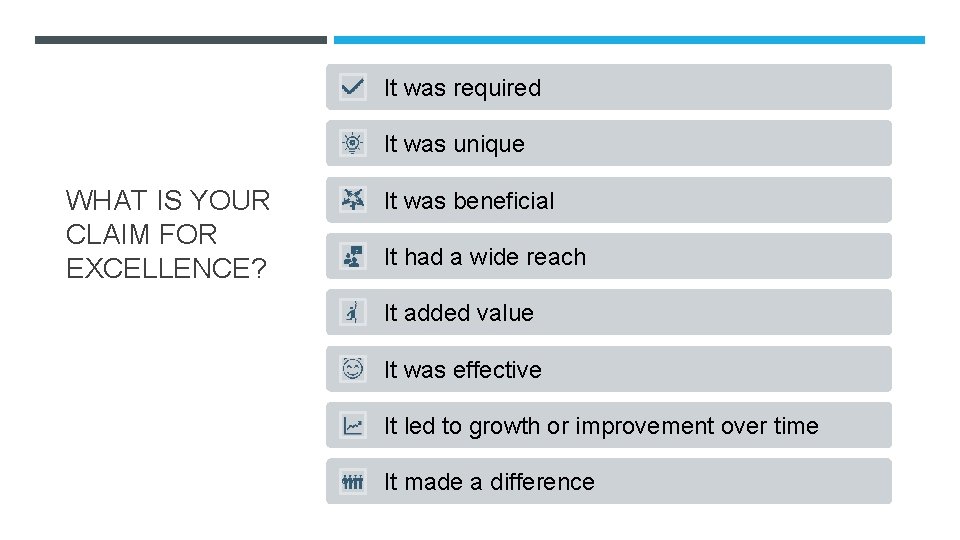 It was required It was unique WHAT IS YOUR CLAIM FOR EXCELLENCE? It was It was required It was unique WHAT IS YOUR CLAIM FOR EXCELLENCE? It was