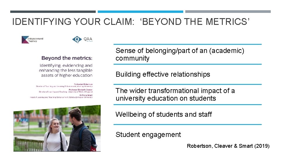 IDENTIFYING YOUR CLAIM: ‘BEYOND THE METRICS’ Sense of belonging/part of an (academic) community Building IDENTIFYING YOUR CLAIM: ‘BEYOND THE METRICS’ Sense of belonging/part of an (academic) community Building