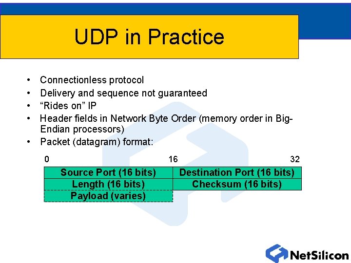 UDP in Practice • • Connectionless protocol Delivery and sequence not guaranteed “Rides on”