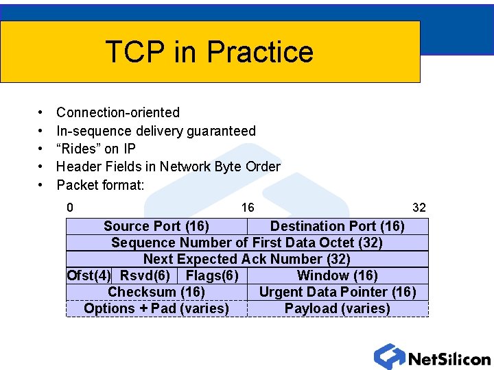 TCP in Practice • • • Connection-oriented In-sequence delivery guaranteed “Rides” on IP Header