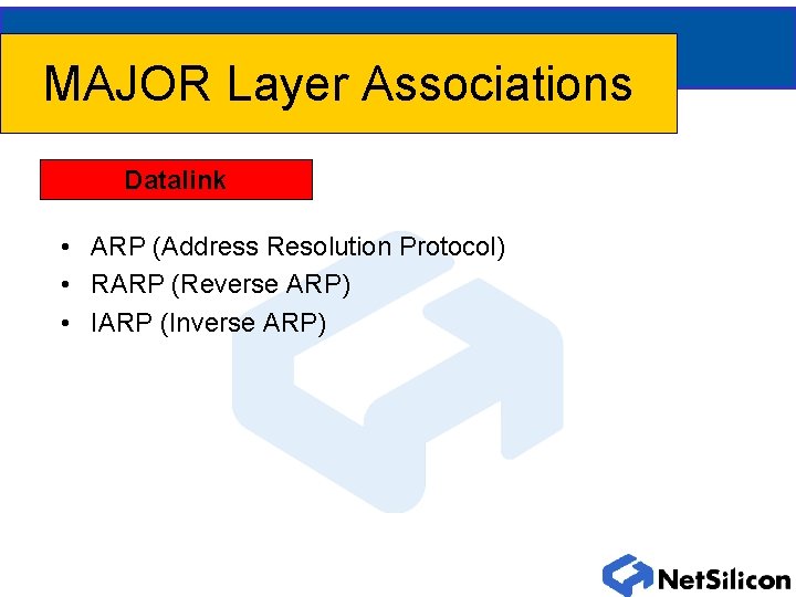 MAJOR Layer Associations Datalink • ARP (Address Resolution Protocol) • RARP (Reverse ARP) •