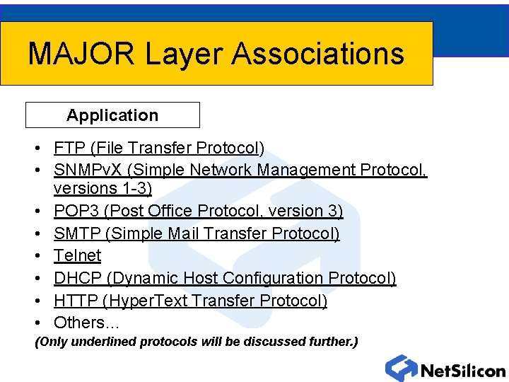 MAJOR Layer Associations Application • FTP (File Transfer Protocol) • SNMPv. X (Simple Network
