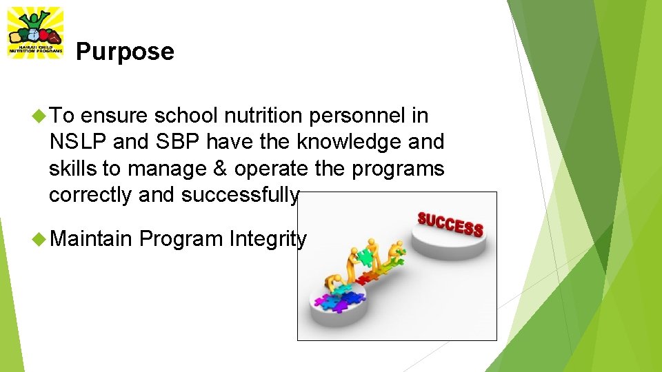 Purpose To ensure school nutrition personnel in NSLP and SBP have the knowledge and